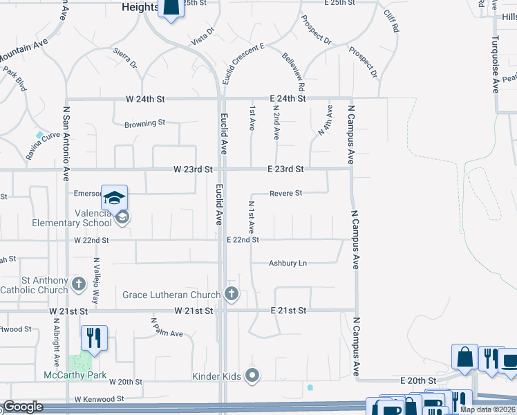 map of restaurants, bars, coffee shops, grocery stores, and more near 2244 North 1st Avenue in Upland