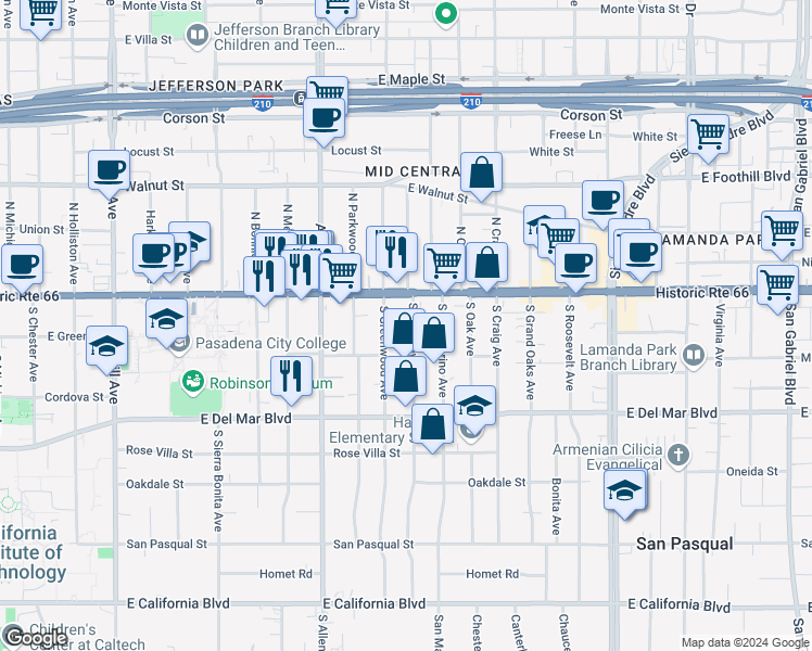 map of restaurants, bars, coffee shops, grocery stores, and more near in Pasadena