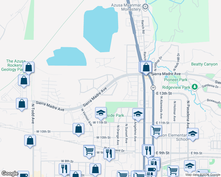 map of restaurants, bars, coffee shops, grocery stores, and more near 591 West Point O Woods Drive in Azusa