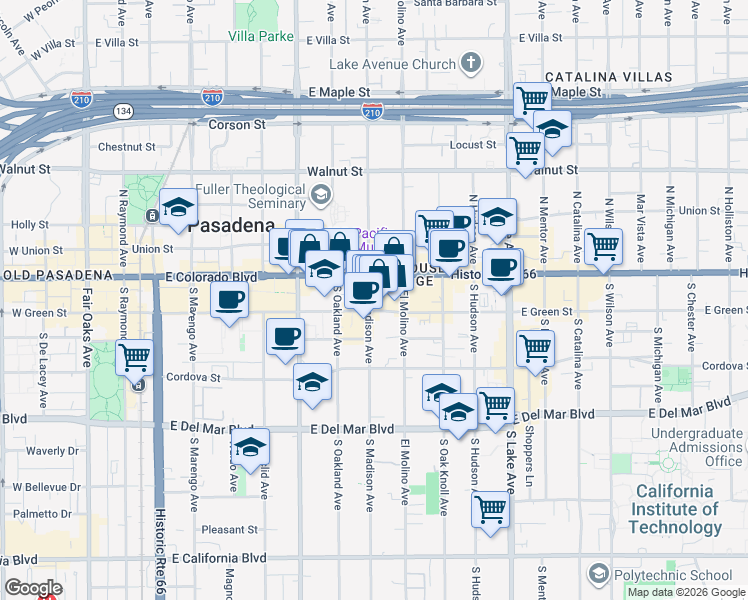 map of restaurants, bars, coffee shops, grocery stores, and more near North Madison Avenue in Pasadena