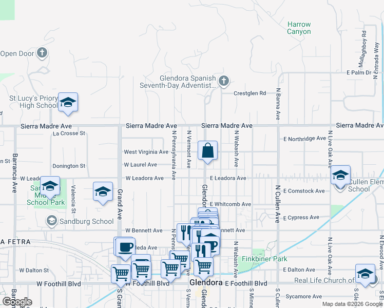 map of restaurants, bars, coffee shops, grocery stores, and more near 537 North Vermont Avenue in Glendora