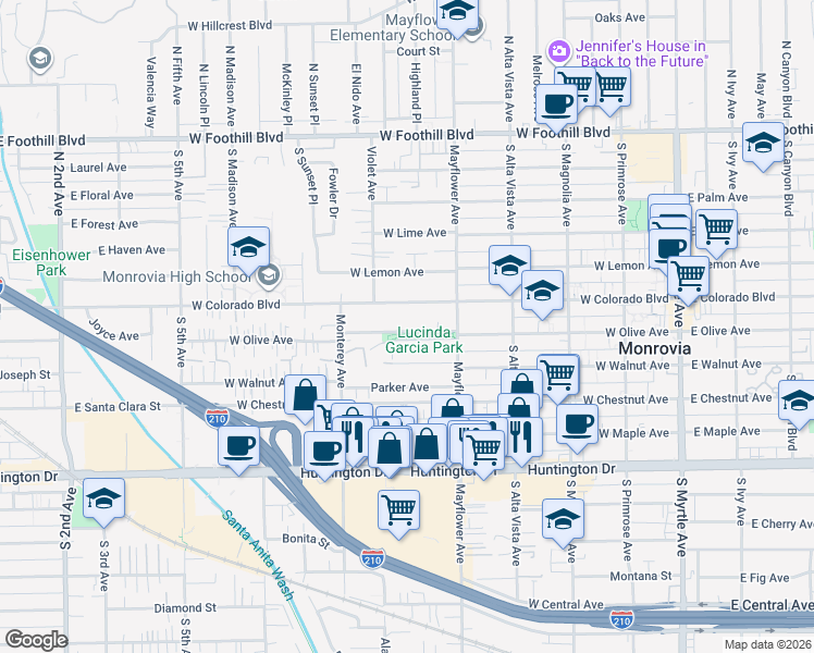 map of restaurants, bars, coffee shops, grocery stores, and more near 530 West Olive Avenue in Monrovia