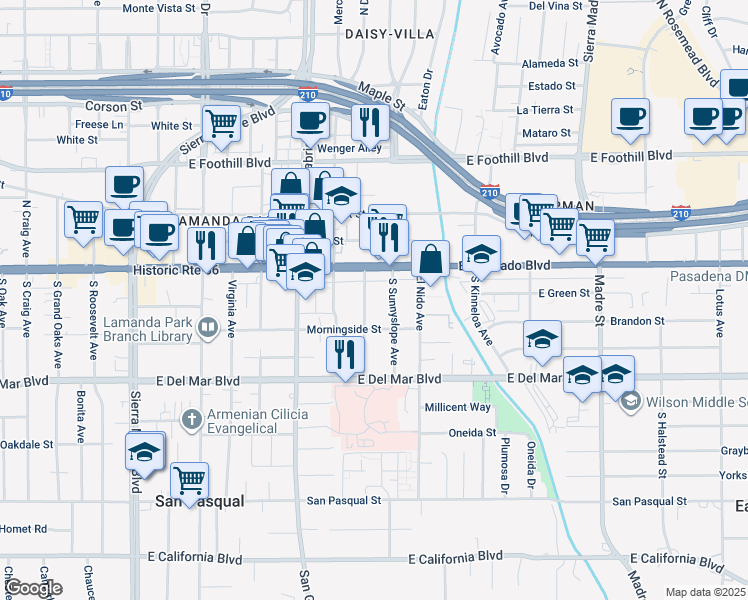 map of restaurants, bars, coffee shops, grocery stores, and more near 91 Eastern Avenue in Pasadena