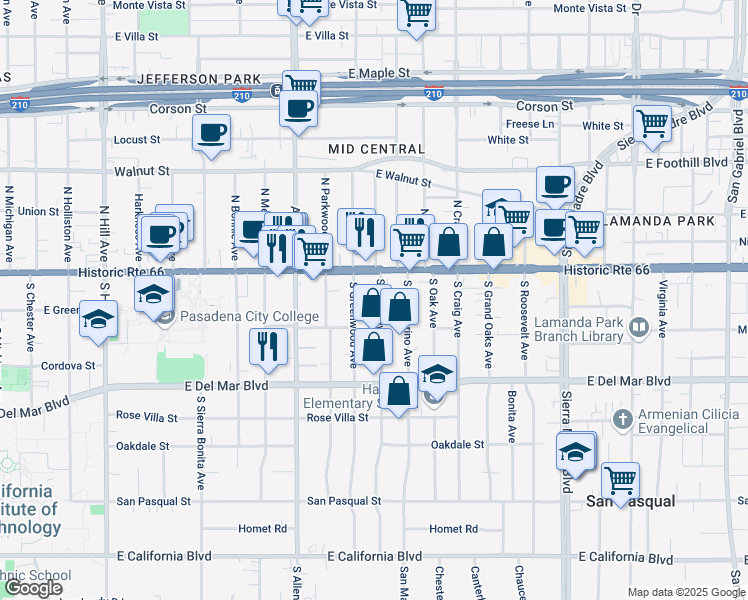 map of restaurants, bars, coffee shops, grocery stores, and more near 95 South Berkeley Avenue in Pasadena