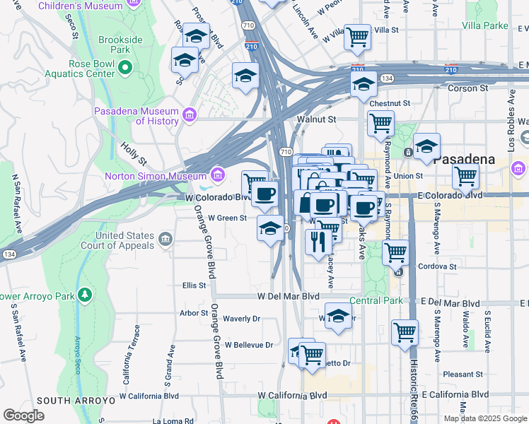 map of restaurants, bars, coffee shops, grocery stores, and more near 330 West Green Street in Pasadena