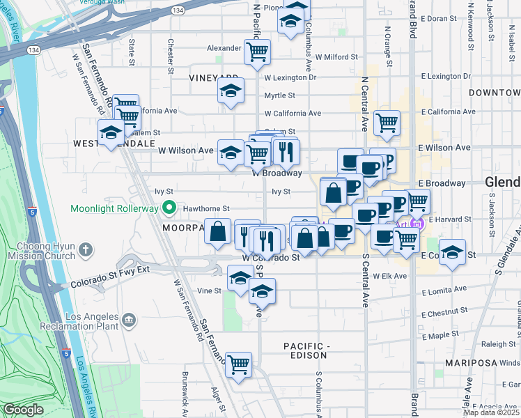 map of restaurants, bars, coffee shops, grocery stores, and more near 165 South Pacific Avenue in Glendale
