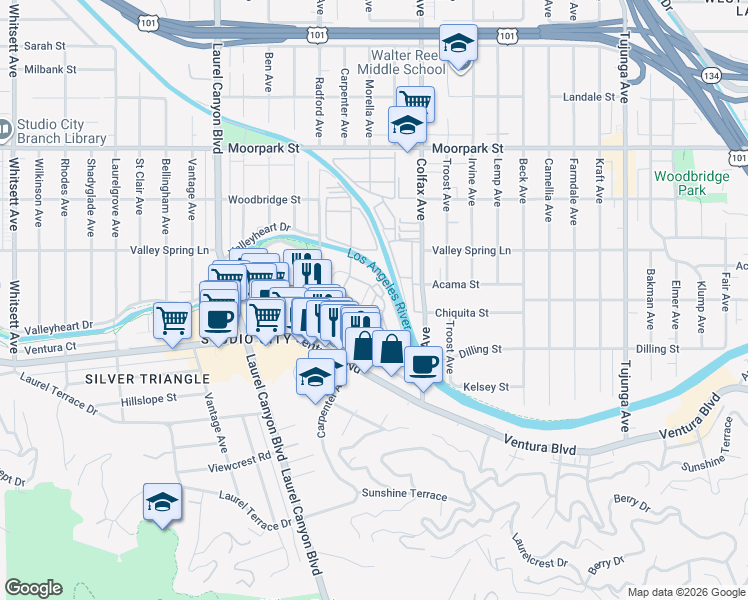 map of restaurants, bars, coffee shops, grocery stores, and more near 4121 Radford Avenue in Los Angeles
