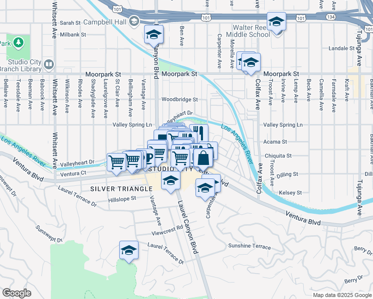 map of restaurants, bars, coffee shops, grocery stores, and more near 12047 Ventura Place in Los Angeles