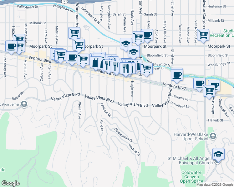 map of restaurants, bars, coffee shops, grocery stores, and more near 4115 Greenbush Avenue in Los Angeles