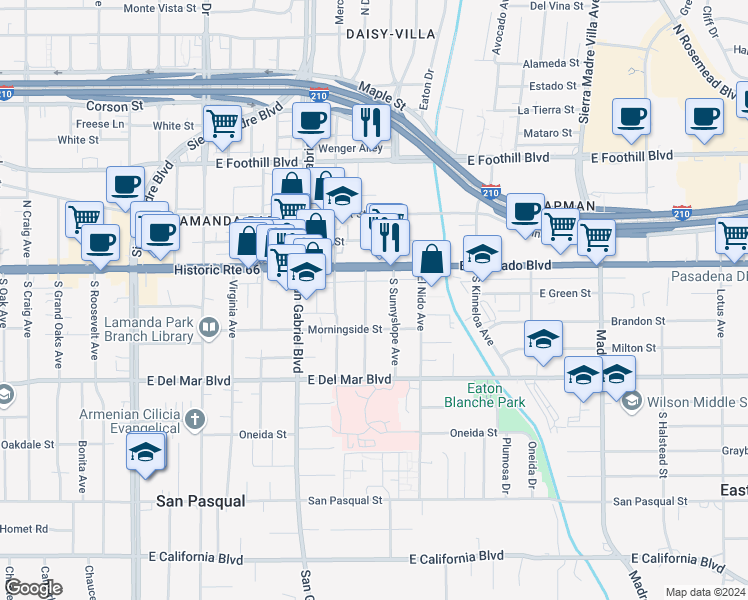 map of restaurants, bars, coffee shops, grocery stores, and more near 62 Eastern Avenue in Pasadena