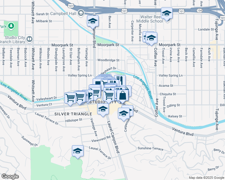 map of restaurants, bars, coffee shops, grocery stores, and more near 12047 Ventura Place in Los Angeles