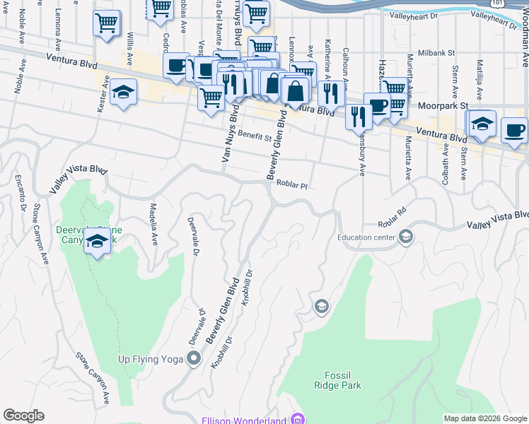 map of restaurants, bars, coffee shops, grocery stores, and more near 4051 Beverly Glen Boulevard in Los Angeles