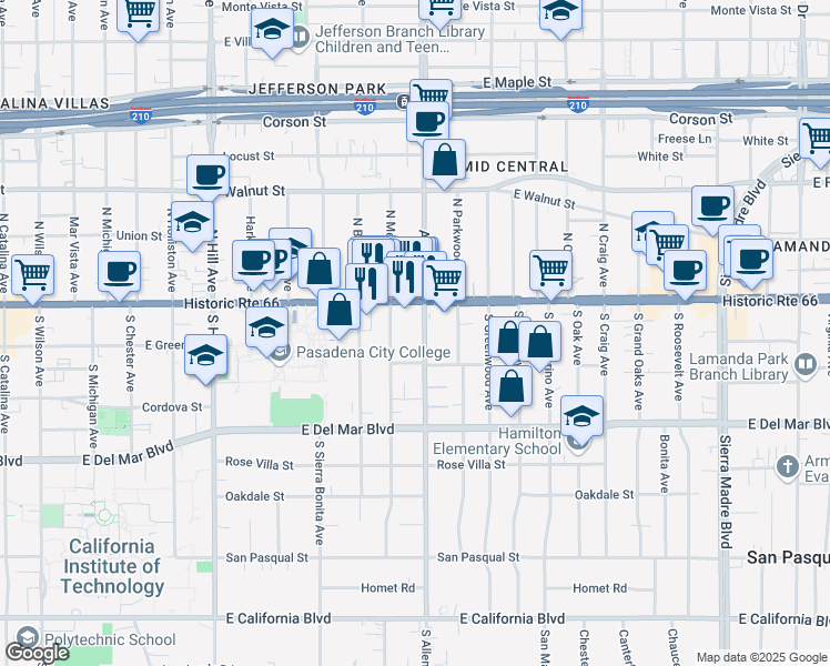 map of restaurants, bars, coffee shops, grocery stores, and more near South Allen Avenue in Pasadena