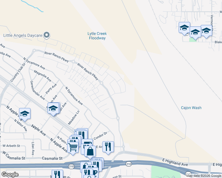 map of restaurants, bars, coffee shops, grocery stores, and more near 2414 Walker Street in Rialto