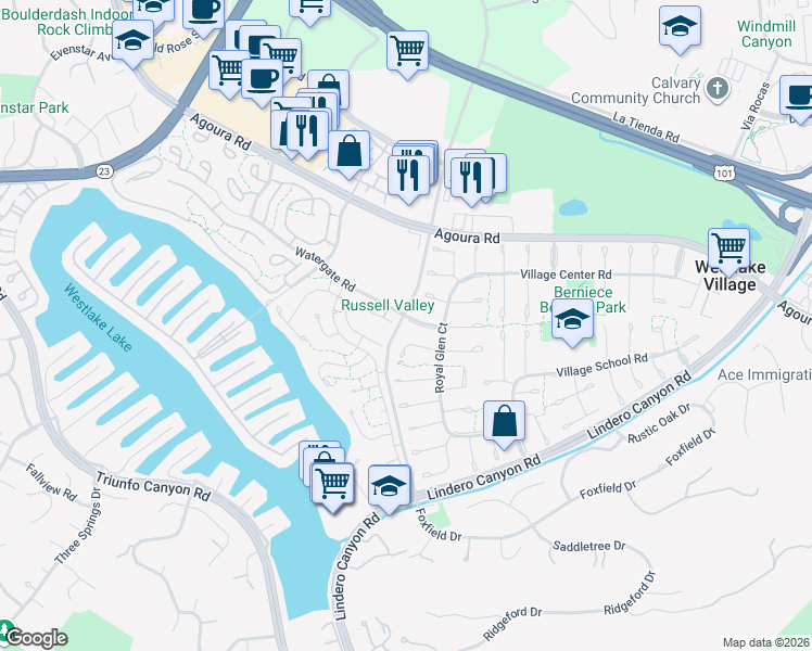 map of restaurants, bars, coffee shops, grocery stores, and more near 32038 Watergate Court in Westlake Village