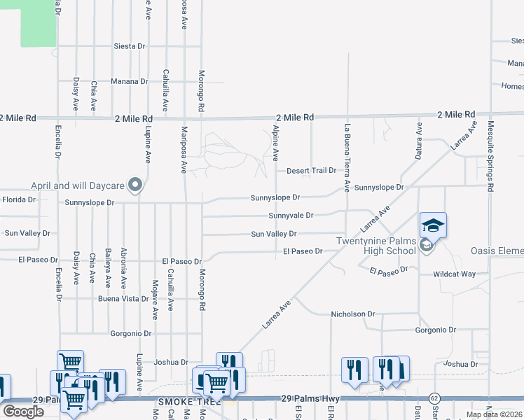 map of restaurants, bars, coffee shops, grocery stores, and more near 72266 Sunnyvale Drive in Twentynine Palms