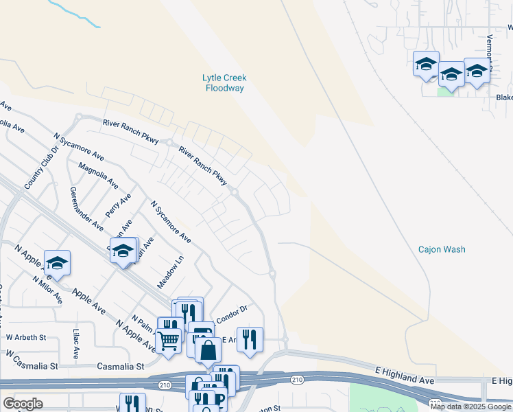 map of restaurants, bars, coffee shops, grocery stores, and more near 2414 Walker Street in Rialto