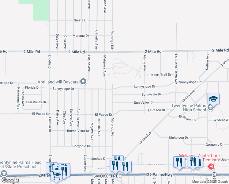 map of restaurants, bars, coffee shops, grocery stores, and more near 5955 Morongo Road in Twentynine Palms