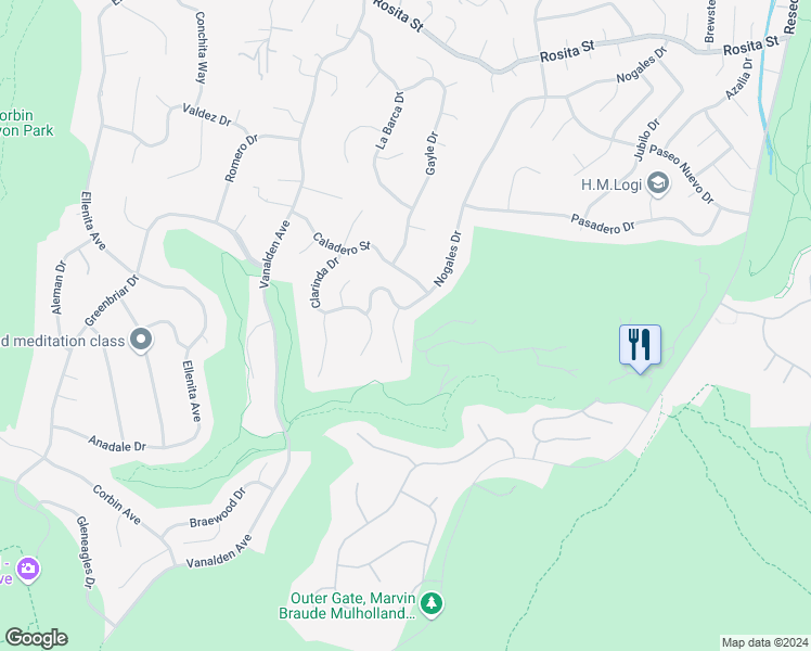 map of restaurants, bars, coffee shops, grocery stores, and more near 19049 Dorlon Drive in Los Angeles