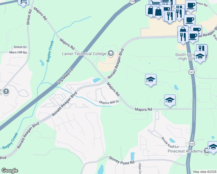 map of restaurants, bars, coffee shops, grocery stores, and more near 8585 Village School Drive in Cumming