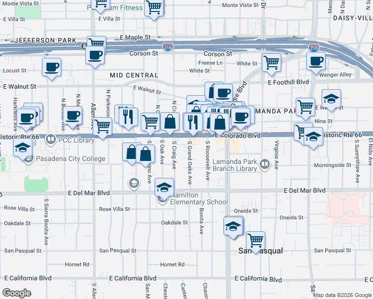 map of restaurants, bars, coffee shops, grocery stores, and more near 84 South Craig Avenue in Pasadena