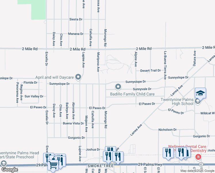map of restaurants, bars, coffee shops, grocery stores, and more near 5955 Morongo Road in Twentynine Palms