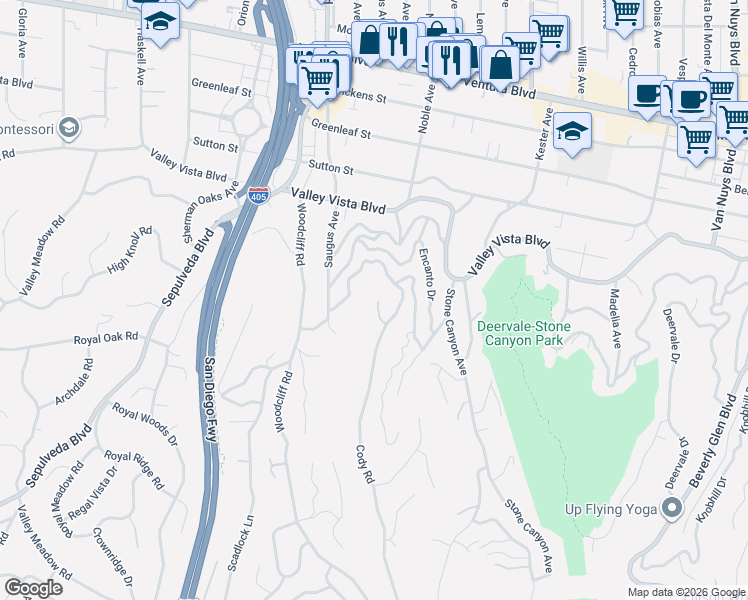 map of restaurants, bars, coffee shops, grocery stores, and more near 4039 Cody Road in Los Angeles