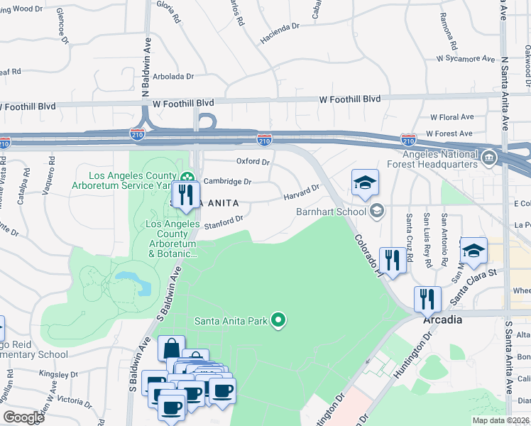 map of restaurants, bars, coffee shops, grocery stores, and more near 400 Harvard Drive in Arcadia