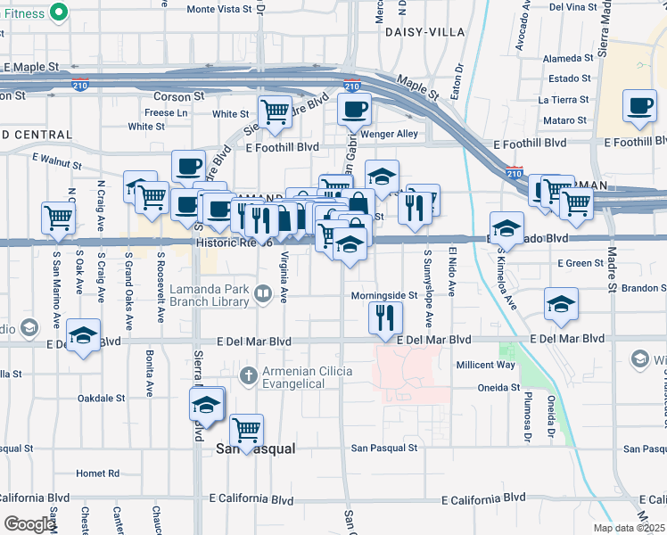 map of restaurants, bars, coffee shops, grocery stores, and more near 65 South San Gabriel Boulevard in Pasadena
