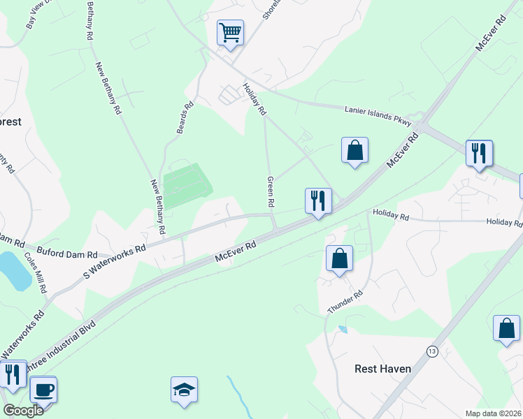 map of restaurants, bars, coffee shops, grocery stores, and more near Green Rd in Buford