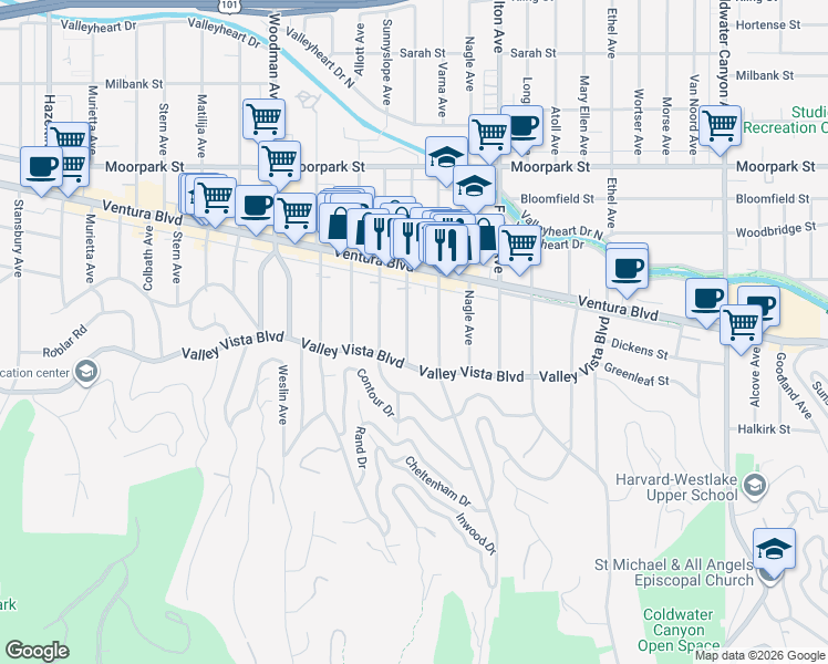 map of restaurants, bars, coffee shops, grocery stores, and more near 4115 Greenbush Avenue in Los Angeles