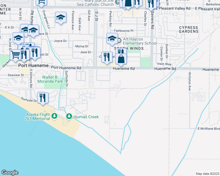 map of restaurants, bars, coffee shops, grocery stores, and more near 5700 Perkins Road in Oxnard