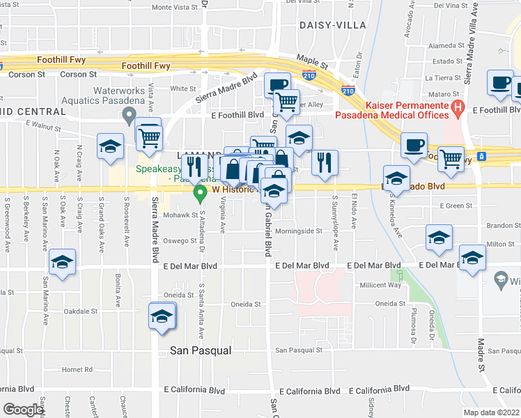 map of restaurants, bars, coffee shops, grocery stores, and more near 51 South San Gabriel Boulevard in Pasadena