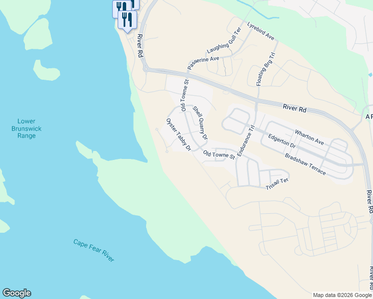map of restaurants, bars, coffee shops, grocery stores, and more near 3418 Oyster Tabby Drive in Wilmington