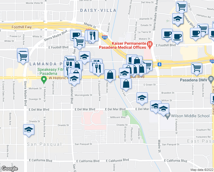 map of restaurants, bars, coffee shops, grocery stores, and more near 55 South El Nido Avenue in Pasadena
