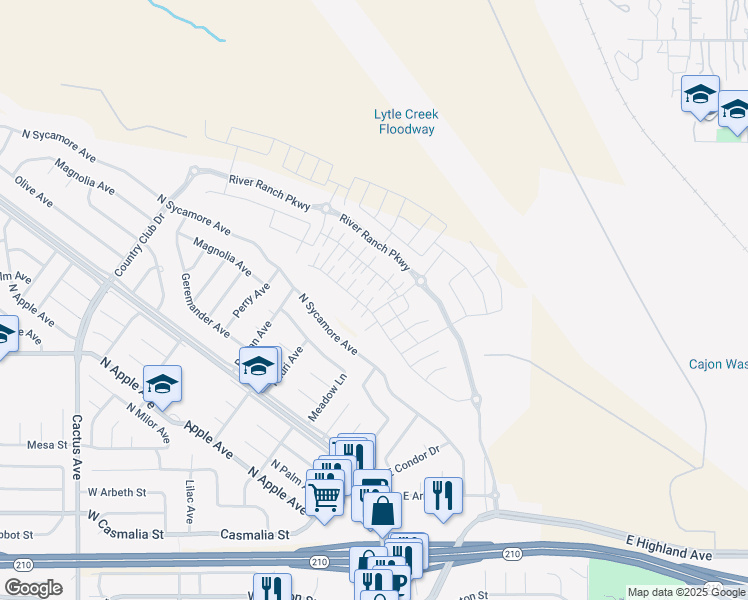 map of restaurants, bars, coffee shops, grocery stores, and more near 2437 Powell Drive in Rialto