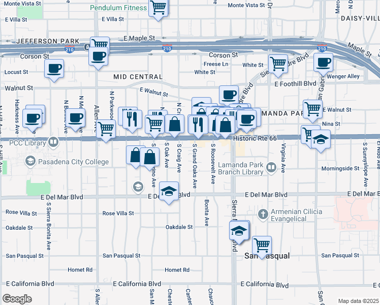 map of restaurants, bars, coffee shops, grocery stores, and more near 84 South Craig Avenue in Pasadena
