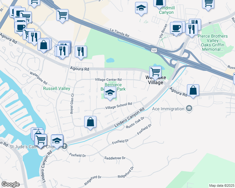 map of restaurants, bars, coffee shops, grocery stores, and more near 4347 Hartfield Court in Westlake Village