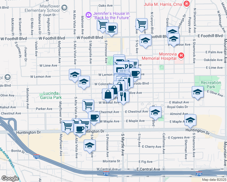 map of restaurants, bars, coffee shops, grocery stores, and more near in Monrovia