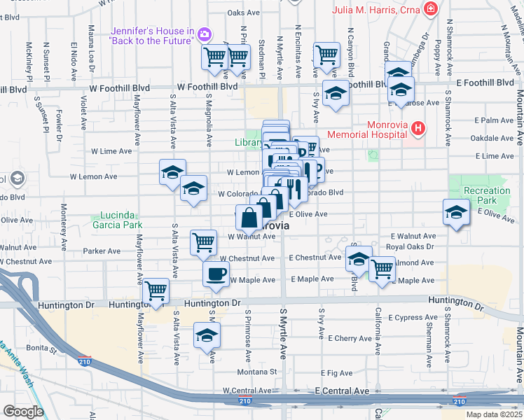 map of restaurants, bars, coffee shops, grocery stores, and more near in Monrovia