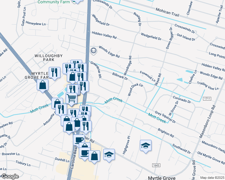 map of restaurants, bars, coffee shops, grocery stores, and more near 810 Pine Forest Road in Wilmington