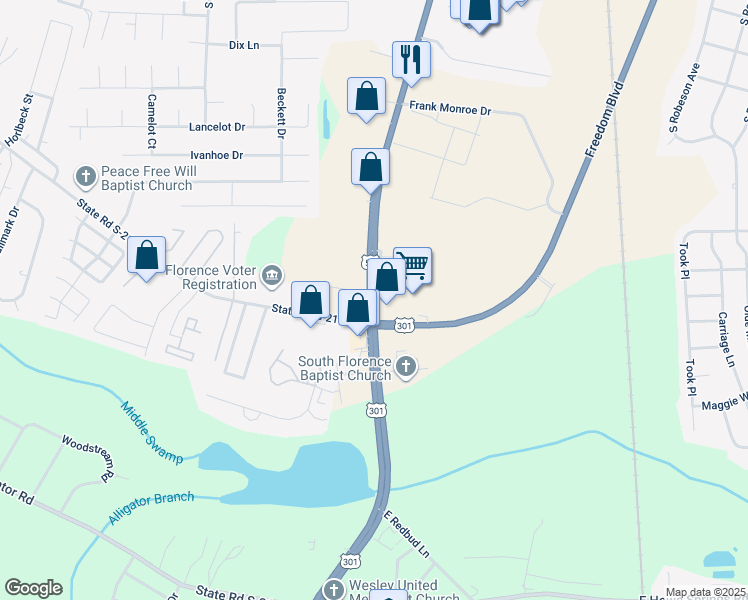 map of restaurants, bars, coffee shops, grocery stores, and more near 2600 South Irby Street in Florence