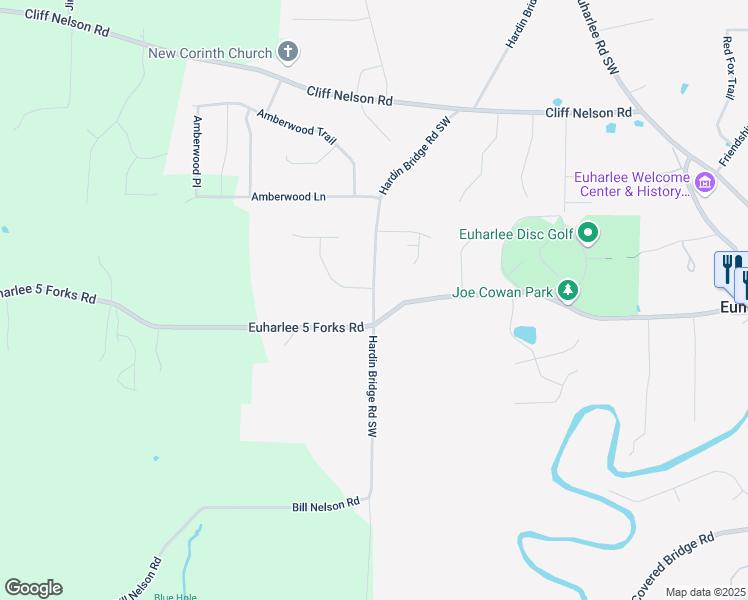 map of restaurants, bars, coffee shops, grocery stores, and more near 1231 Hardin Bridge Road Southwest in Euharlee