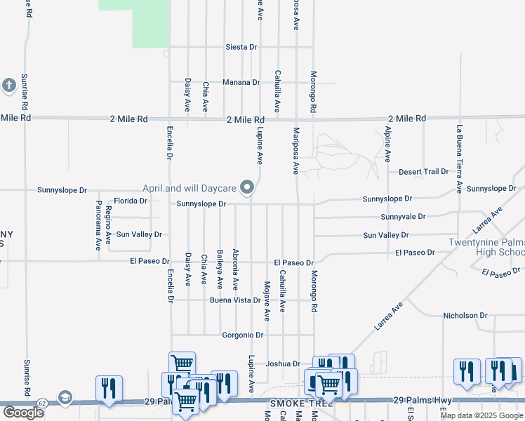 map of restaurants, bars, coffee shops, grocery stores, and more near 5934 Mojave Avenue in Twentynine Palms