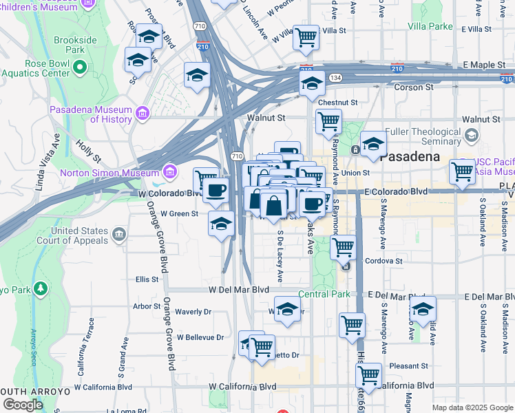 map of restaurants, bars, coffee shops, grocery stores, and more near 141 West Green Street in Pasadena