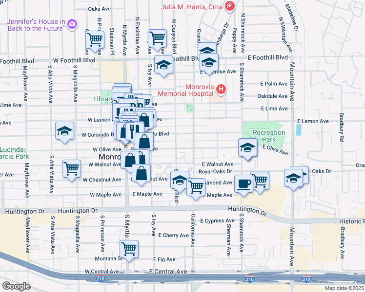 map of restaurants, bars, coffee shops, grocery stores, and more near 311 East Olive Avenue in Monrovia