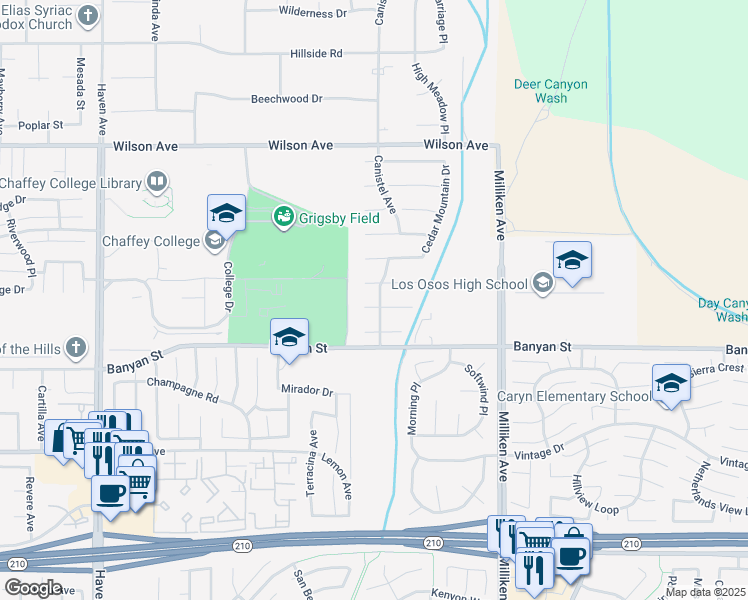 map of restaurants, bars, coffee shops, grocery stores, and more near 11030 Vicksburg Court in Rancho Cucamonga