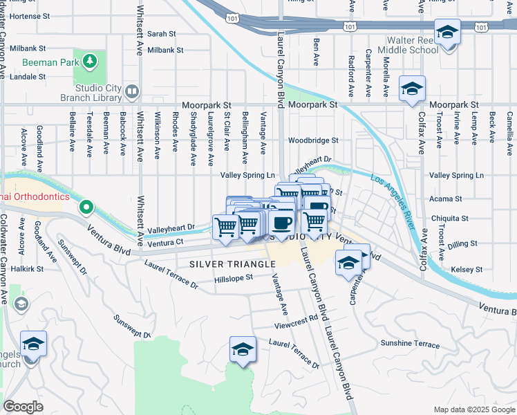 map of restaurants, bars, coffee shops, grocery stores, and more near 12167 Valleyheart Drive in Los Angeles