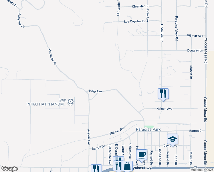 map of restaurants, bars, coffee shops, grocery stores, and more near Avalon Avenue in Yucca Valley