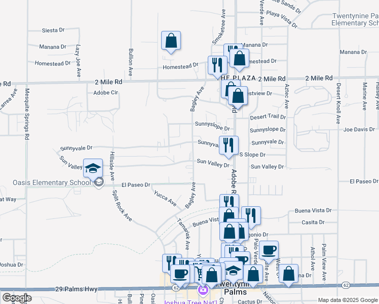 map of restaurants, bars, coffee shops, grocery stores, and more near 73538 Sun Valley Drive in Twentynine Palms